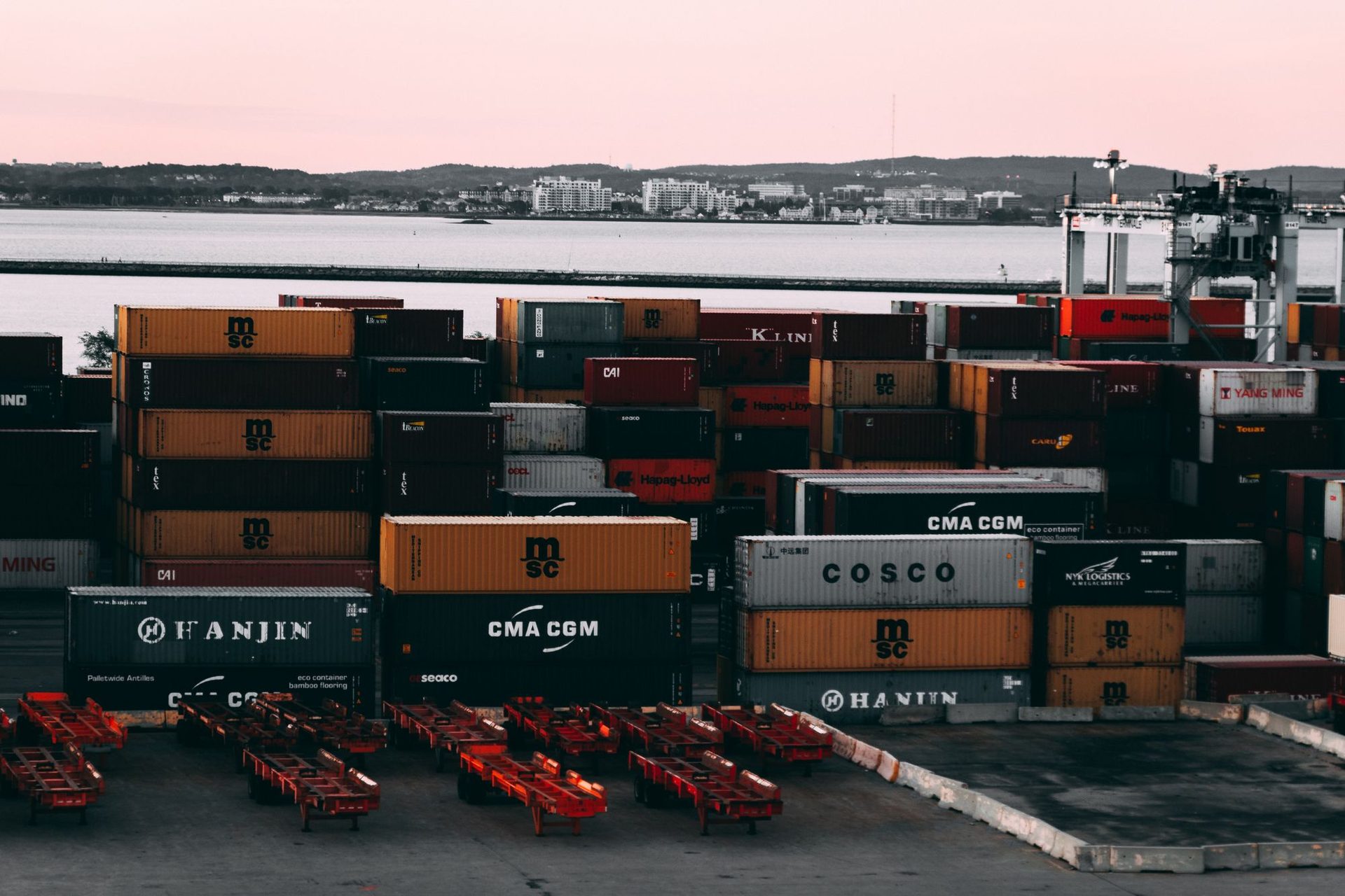Shipping containers stacked at a sea port